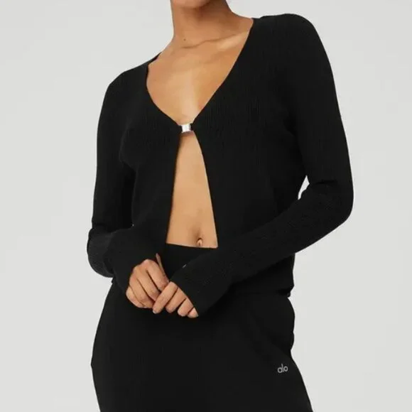 ALO Yoga Black Ribbed Cardigan - Picture 2 of 13
